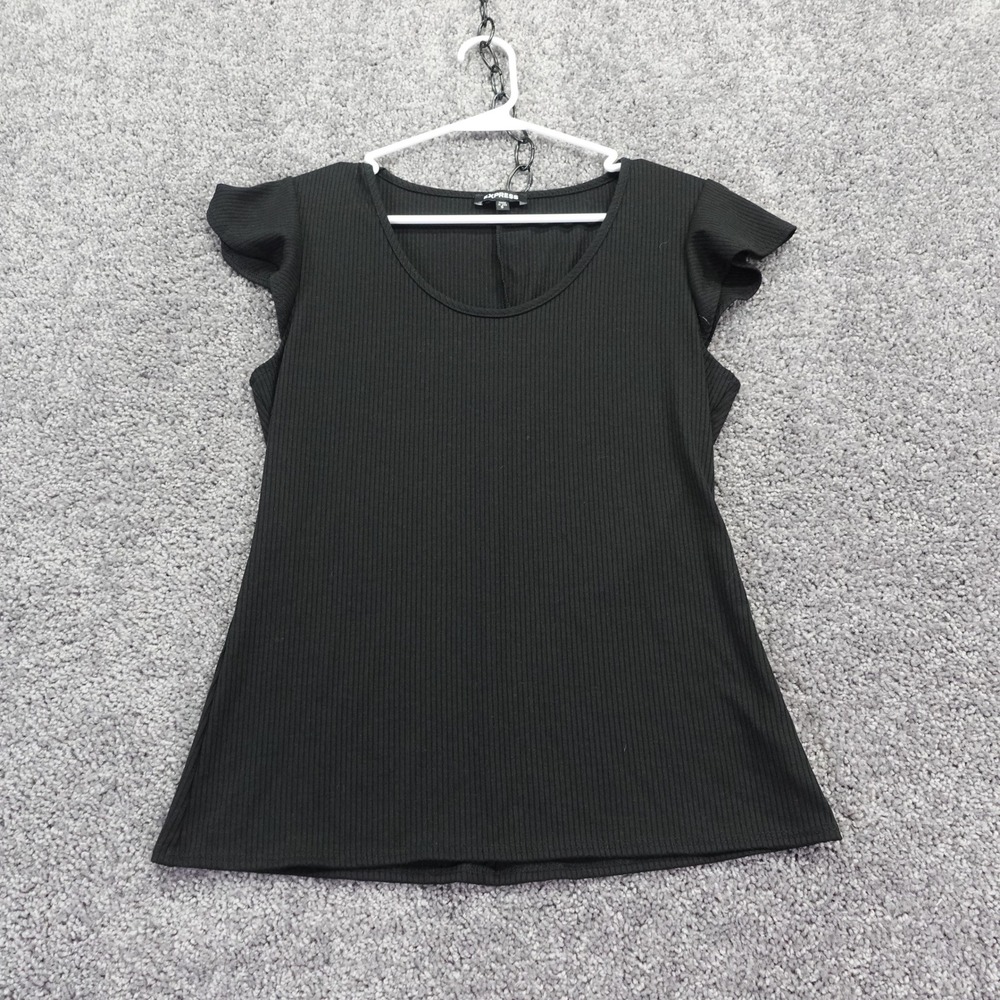 Express Top Womens Small Black Ribbed Knit Scoop Neck Flutter Ruffle Sleeve
